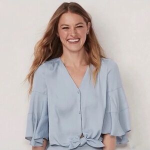 LC Lauren Conrad Light Blue Tie-Front Blouse with Fluted Sleeves